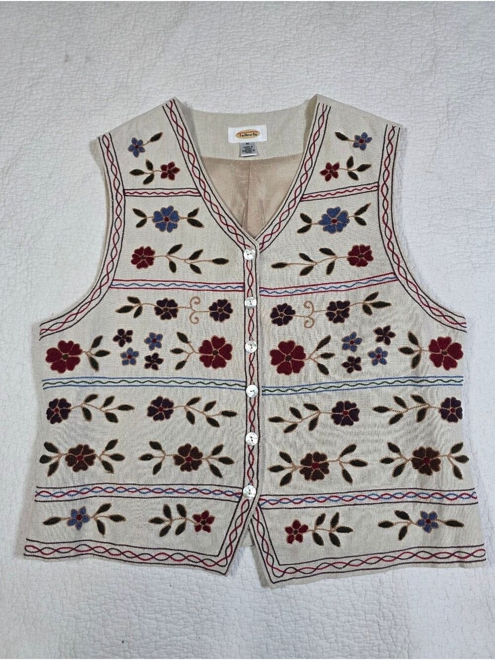 Talbots Vintage Floral Embroidered Linen Vest